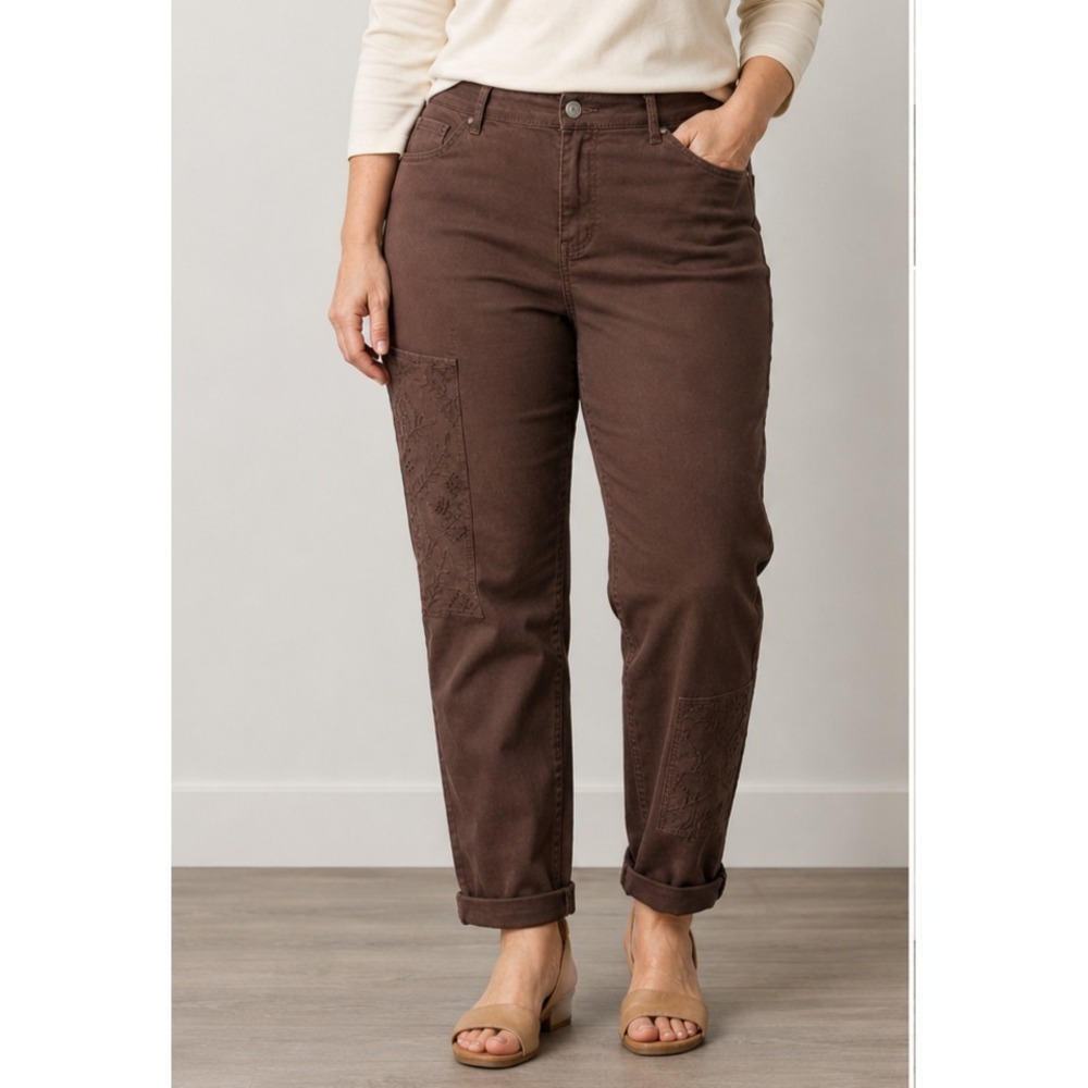 LOGO by Lori Goldstein Petite Straight Leg Patch Jeans Chicory Coffee, P16  #24E
